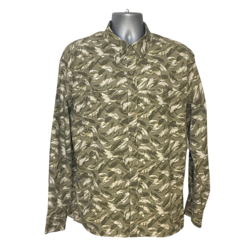 Wrangler Men’s Large Olive Leaf Print Button Front Shirt Cotton Stretch Outdoor